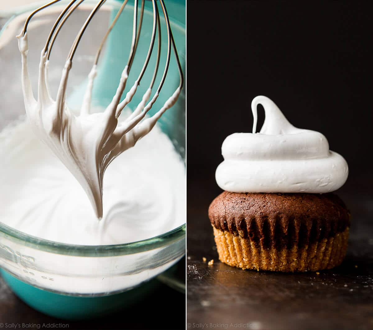 2 images of marshmallow topping in a glass bowl and piped on top of a brownie cupcake