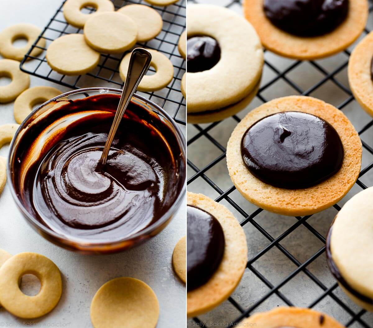 2 images of chocolate ganache in a glass bowl and chocolate ganache spread onto the bottom cookies