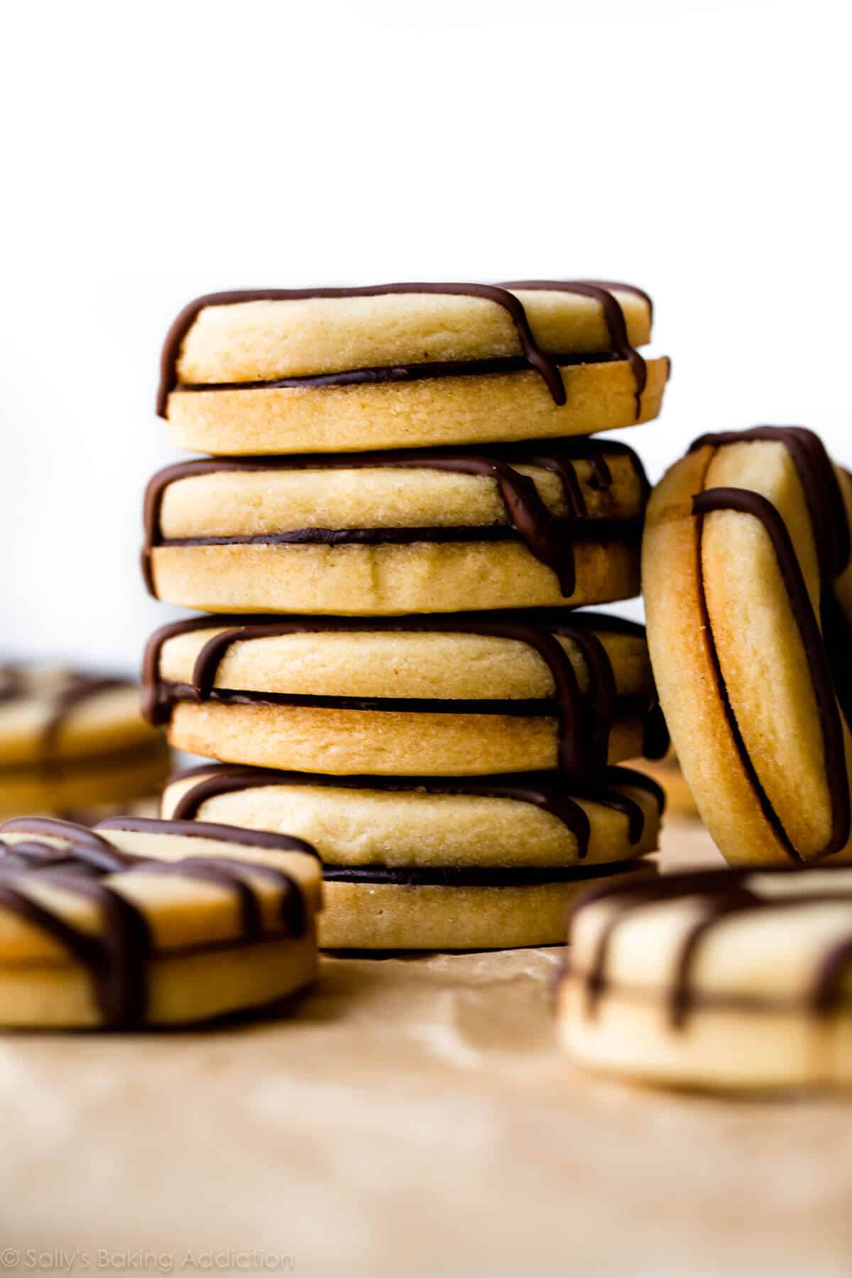 stack of striped fudge cookie sandwiches