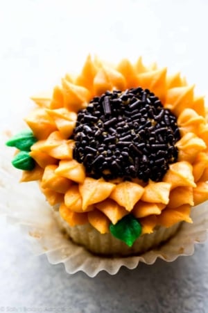 sunflower frosting design on cupcake