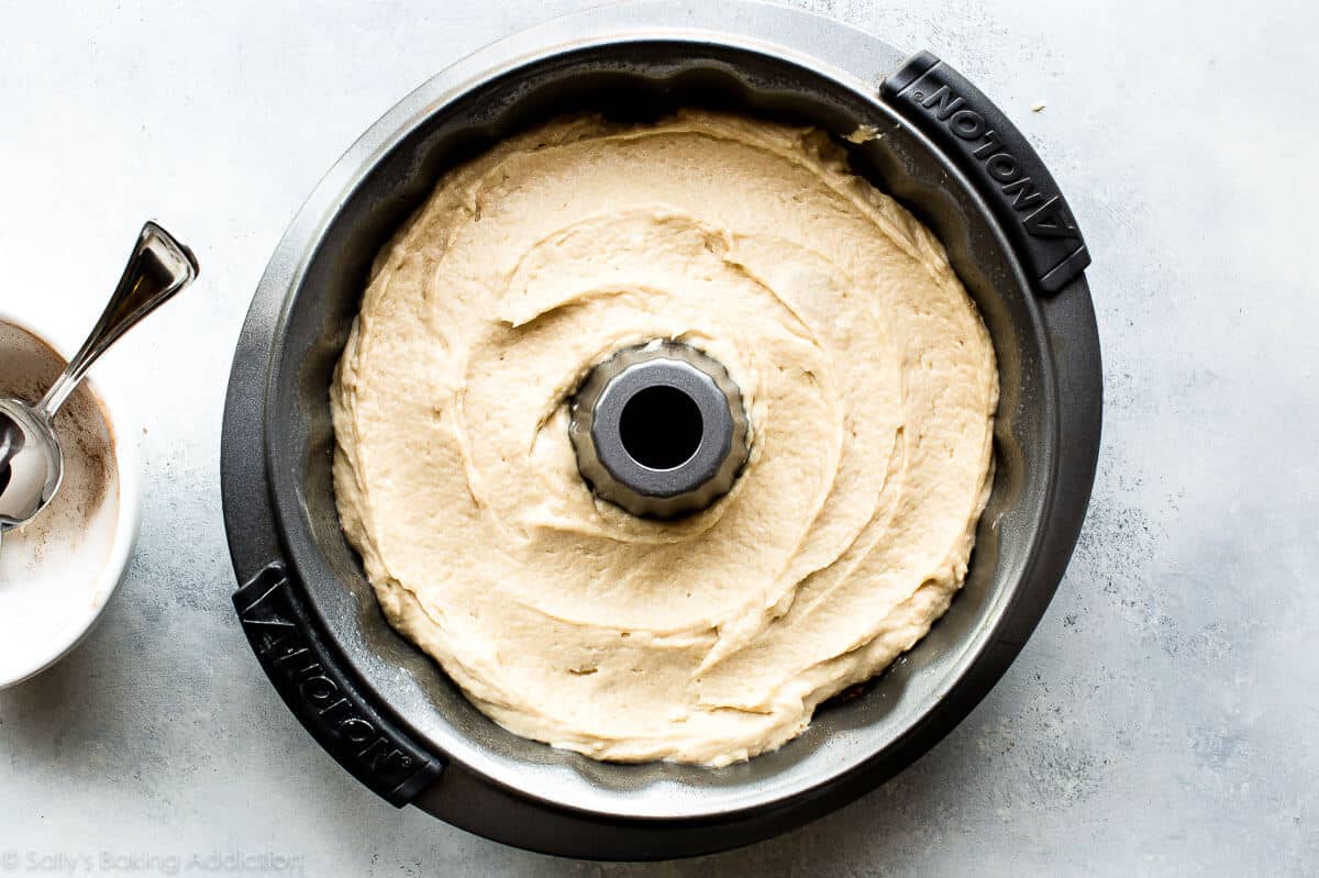 top layer of cake batter in a bundt cake pan