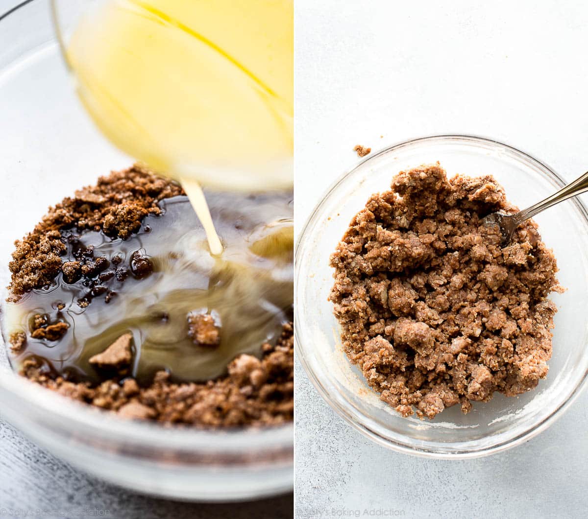 2 images of pouring butter into a glass bowl of crumb topping mixture and crumb topping mixture in a glass bowl