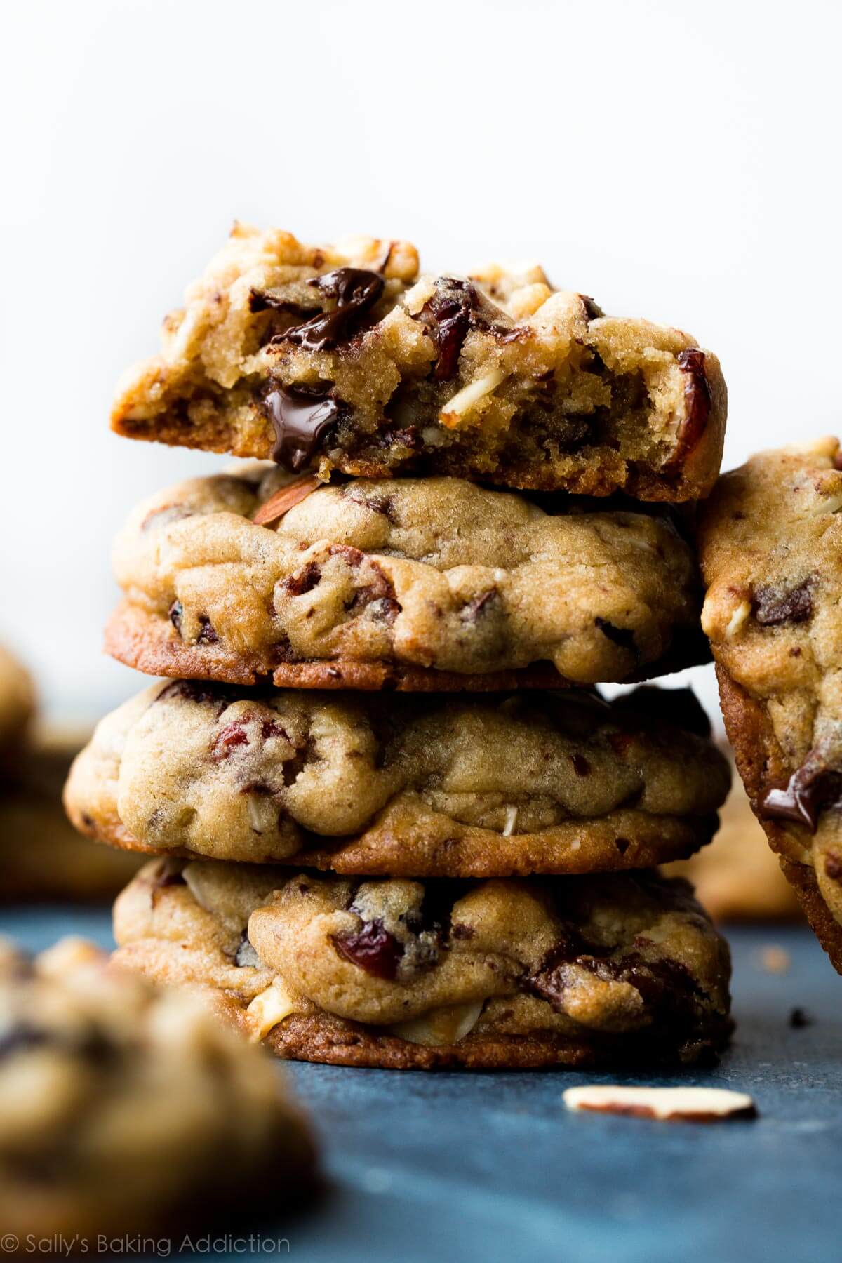 stack of dark chocolate cranberry almond cookies