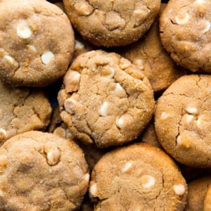 overhead image of white chocolate peanut butter cookies