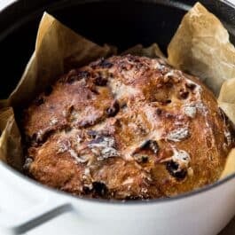 cranberry nut bread in a dutch oven after baking
