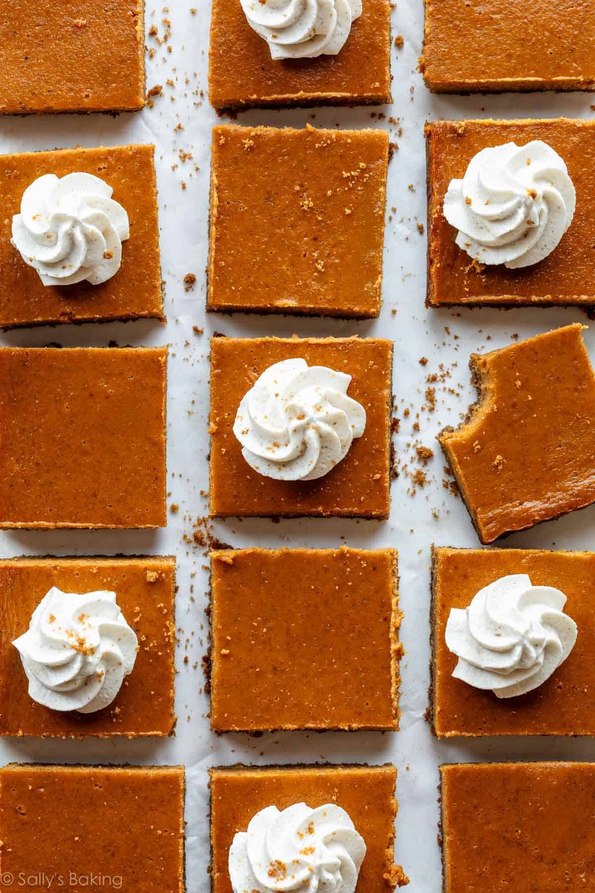 pumpkin pie bars lined up in rows with whipped cream on top.