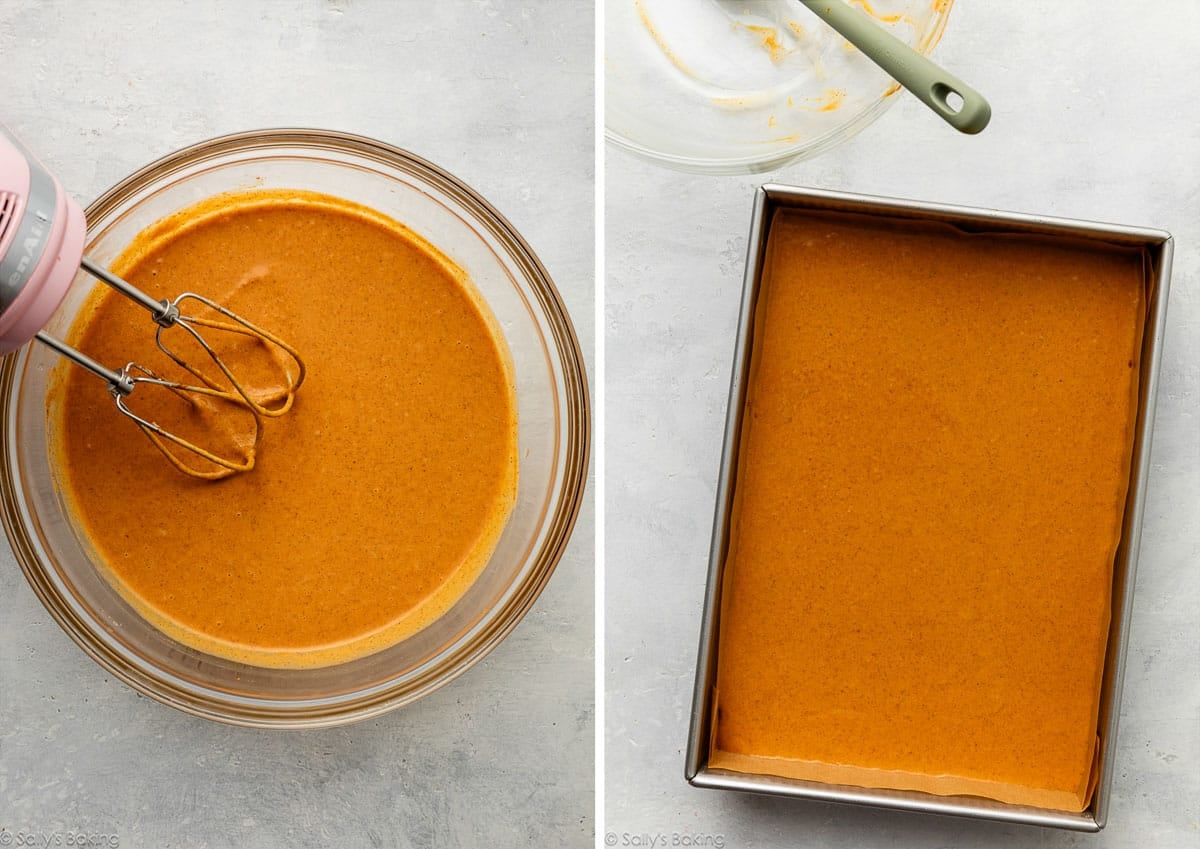 hand mixer mixing pumpkin pie filling; pumpkin pie filling in a 9x13-inch baking pan.