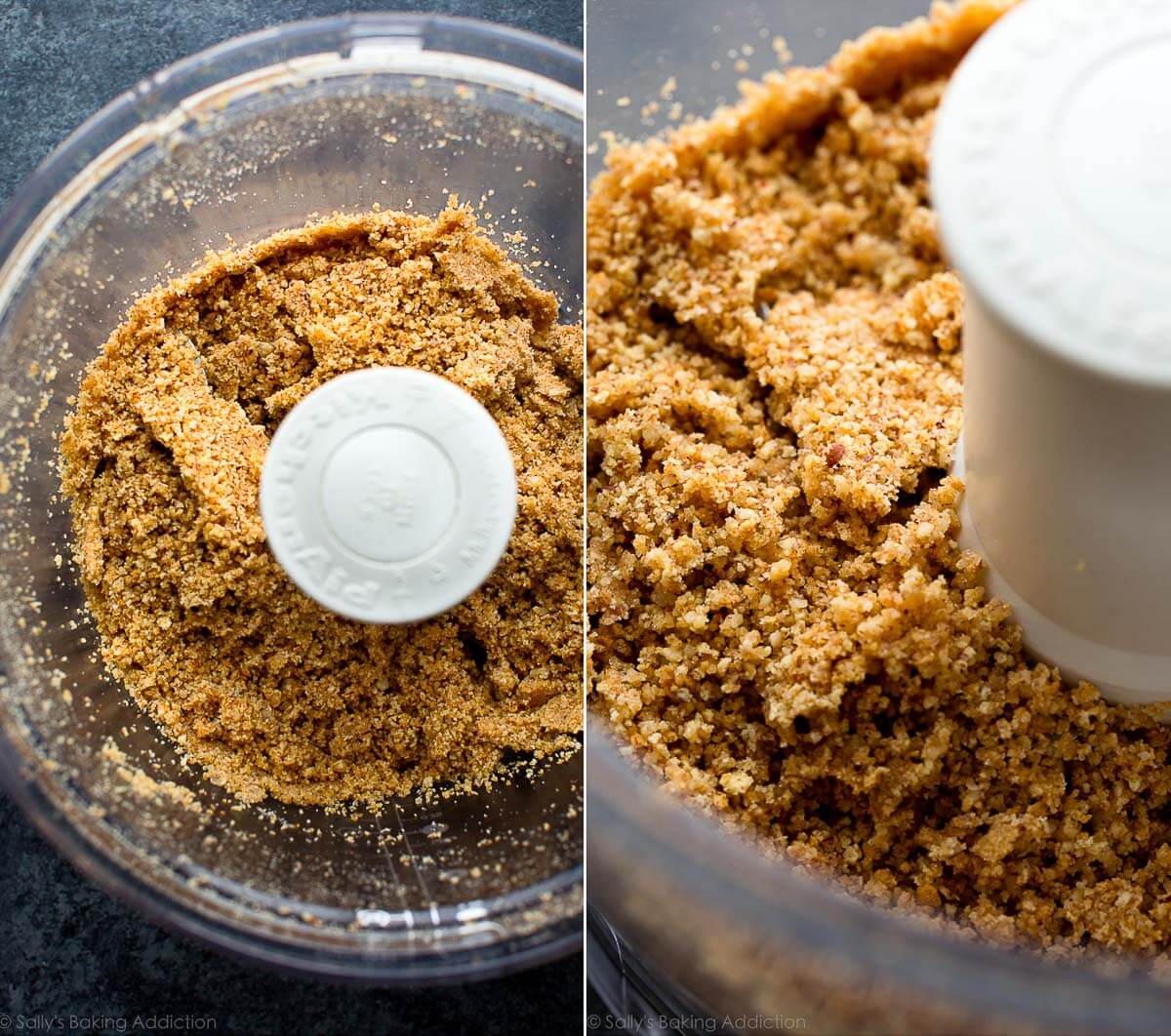 2 images of graham cracker crust mixture in a food processor