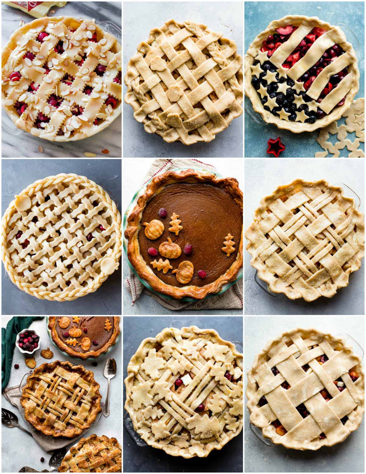 collage of 9 overhead pie crust design images