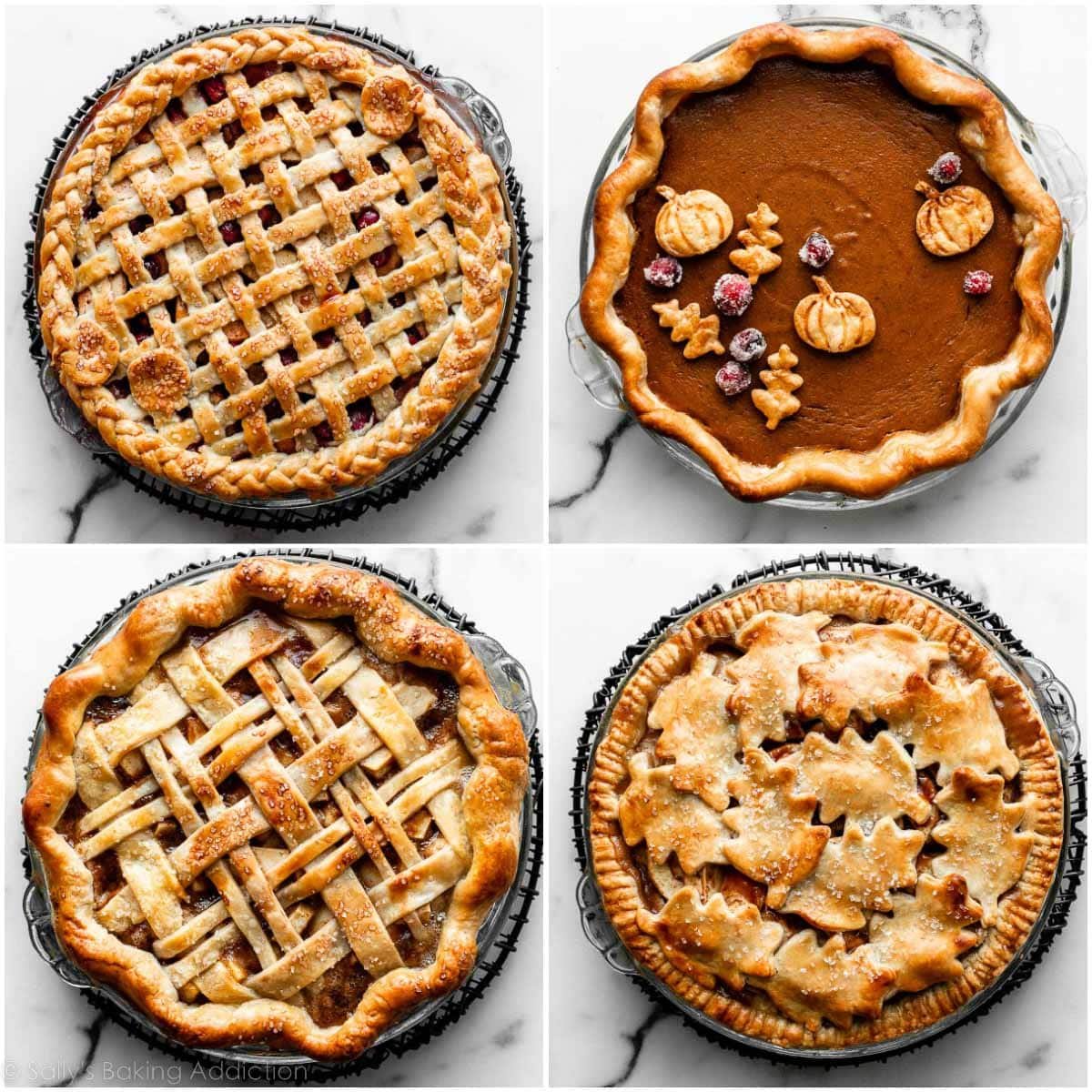 4 baked pies with different pie crust designs grouped together in a collage.
