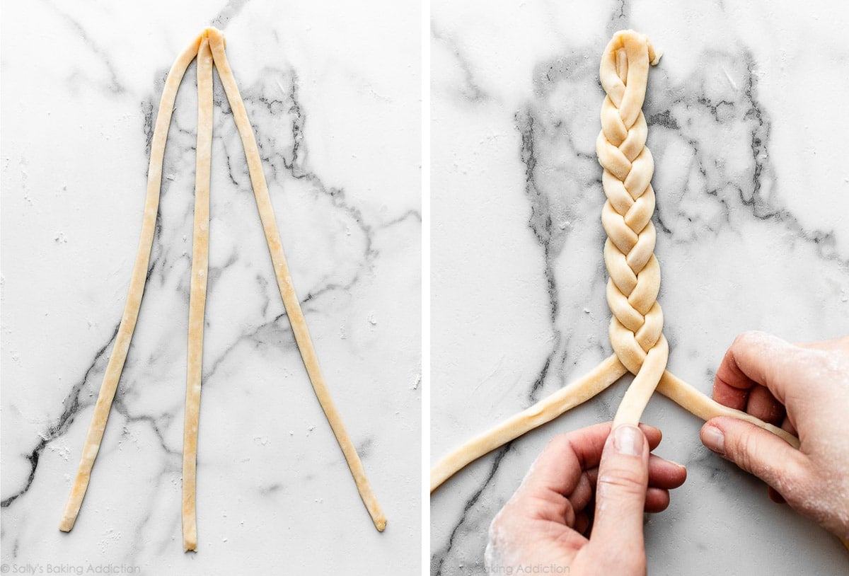 three pie dough strips connected at the top and another photo showing hands braiding them together.