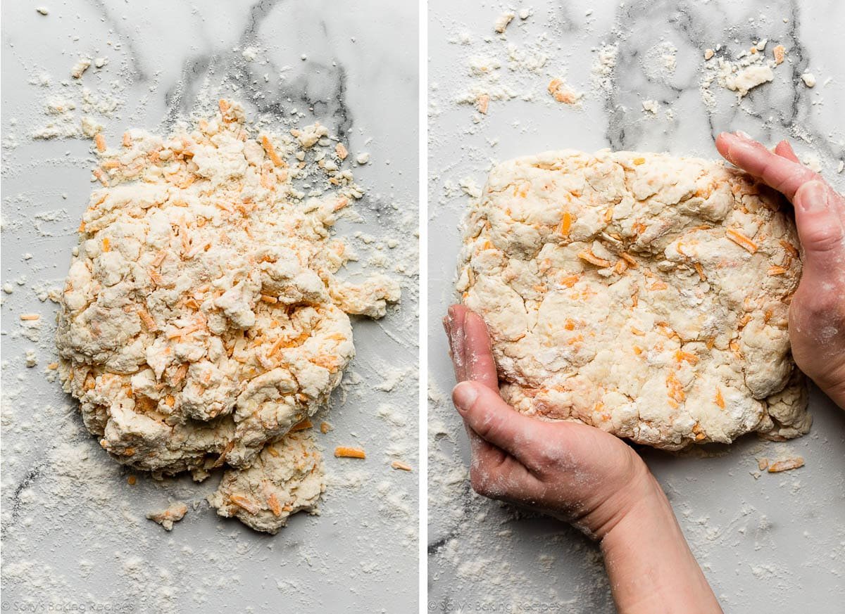 crumbly cheesy dough on countertop and shown again with hands bringing it together.