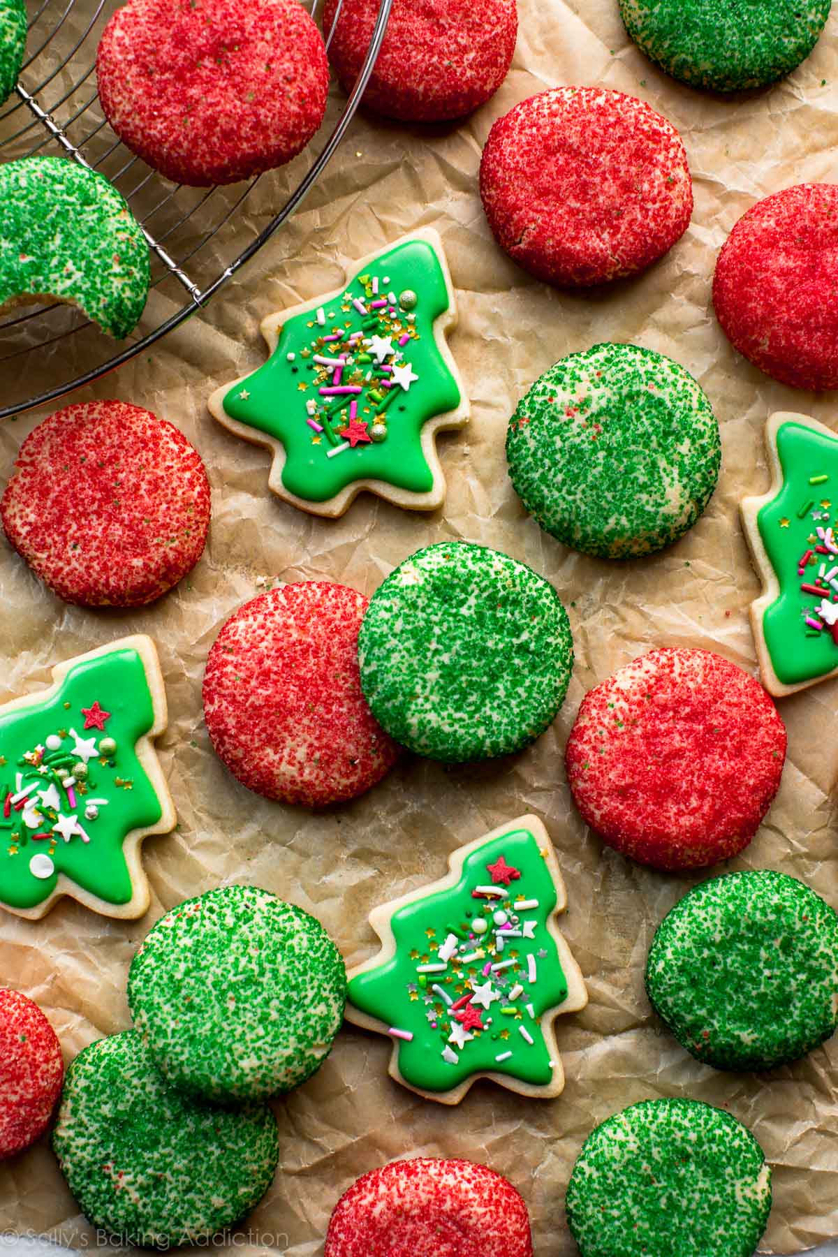 drop sugar cookies rolled in green and red sprinkles and sugar cookies decorated like Christmas trees