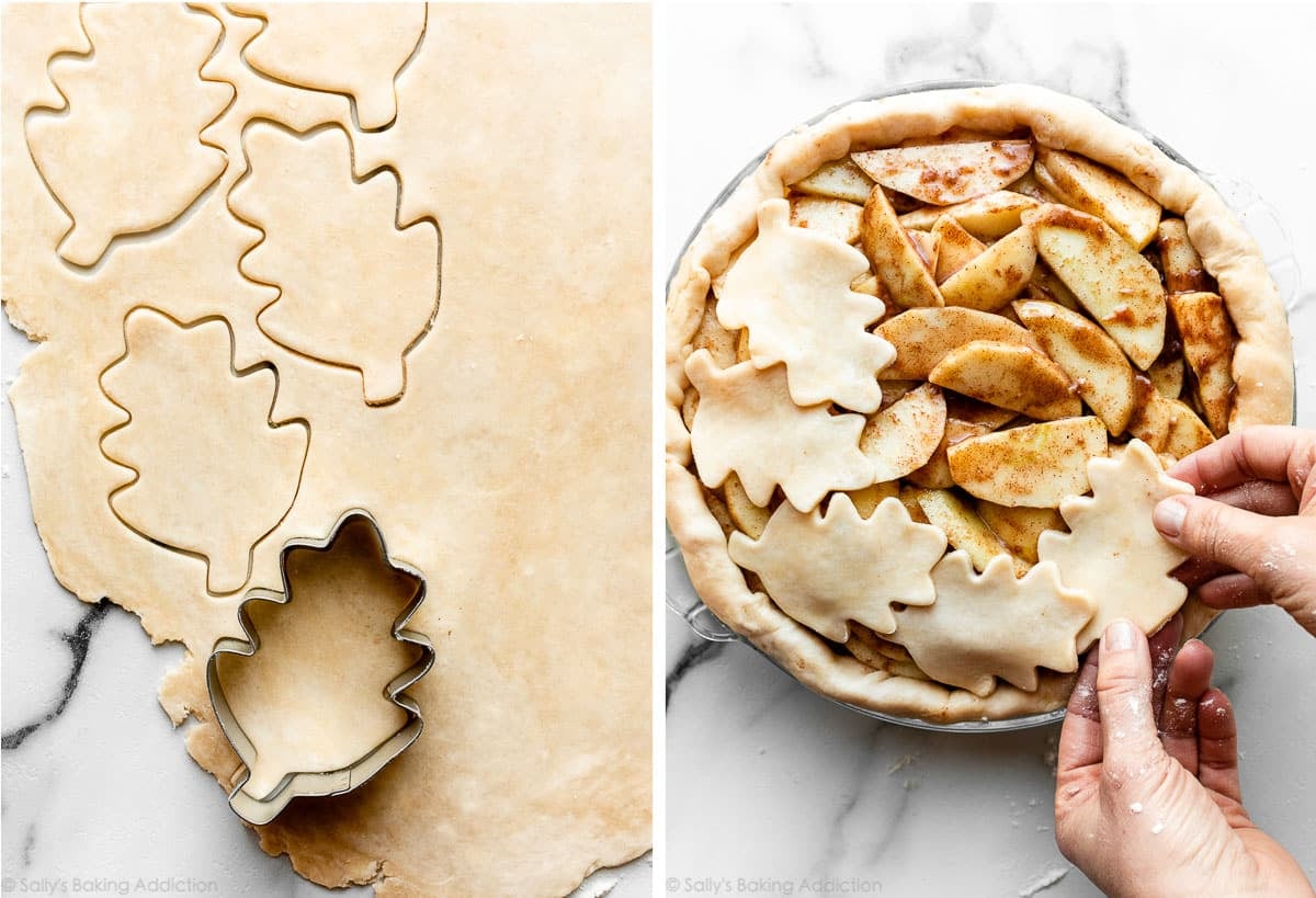 leaf cookie cutter cutting shapes out of rolled out pie dough and hands applying the shapes on top of an apple pie.