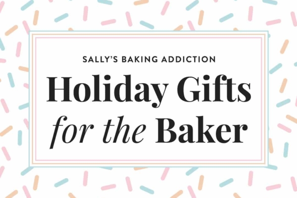 graphic with sprinkles in the background that says Holiday Gifts for the Baker