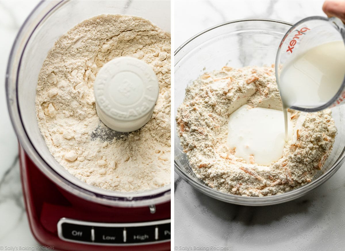 flour mixture in food processor and shown again in bowl with milk being poured on top.