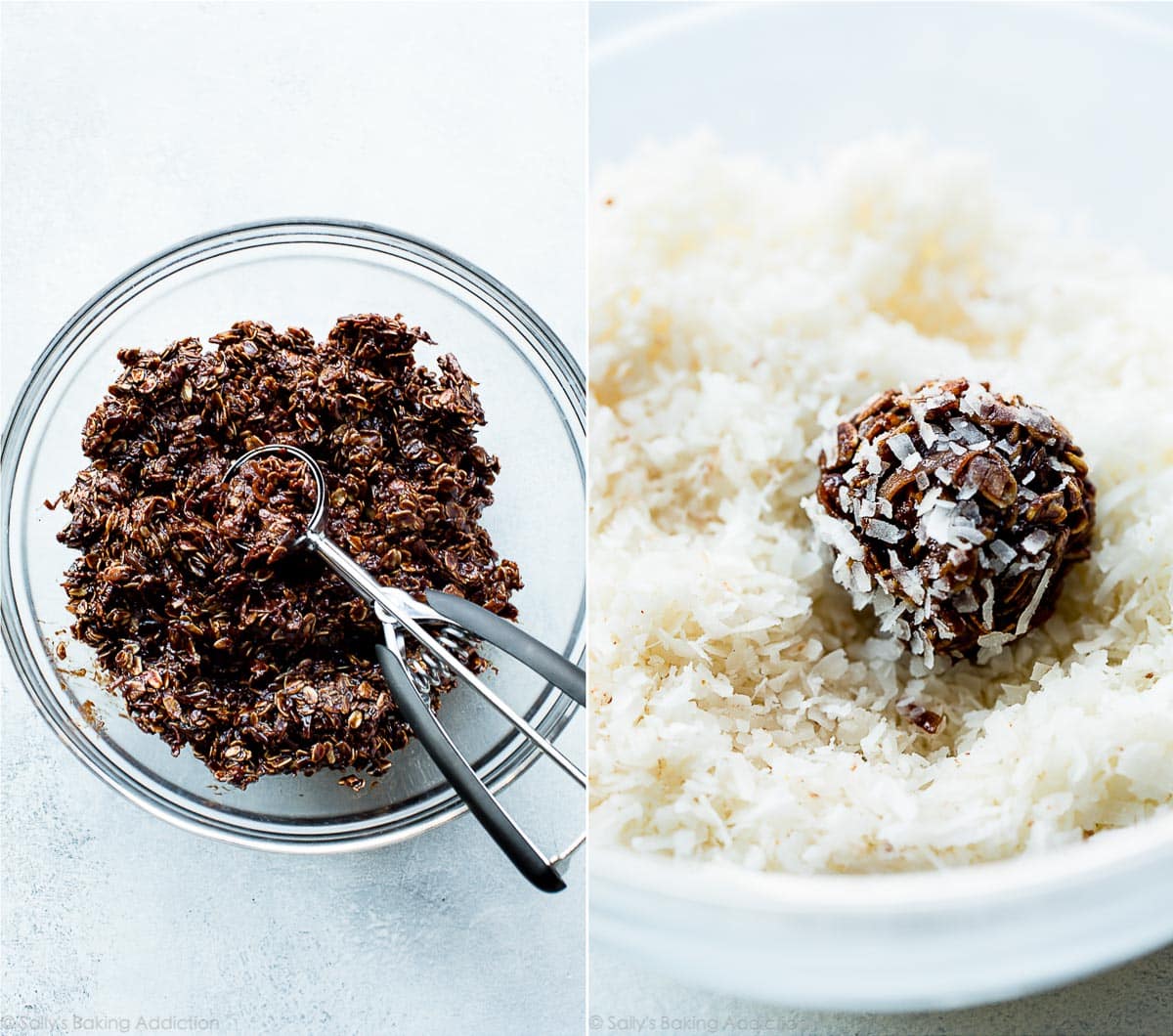 2 images of chocolate oat mixture with a cookie scoop and rolling a chocolate snowball into shredded coconut