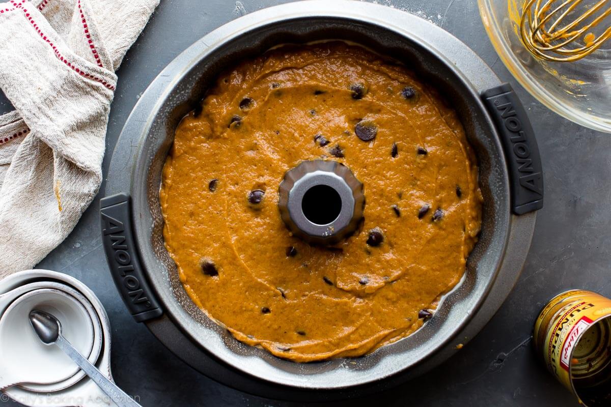 pumpkin chocolate chip cake batter in a pan.