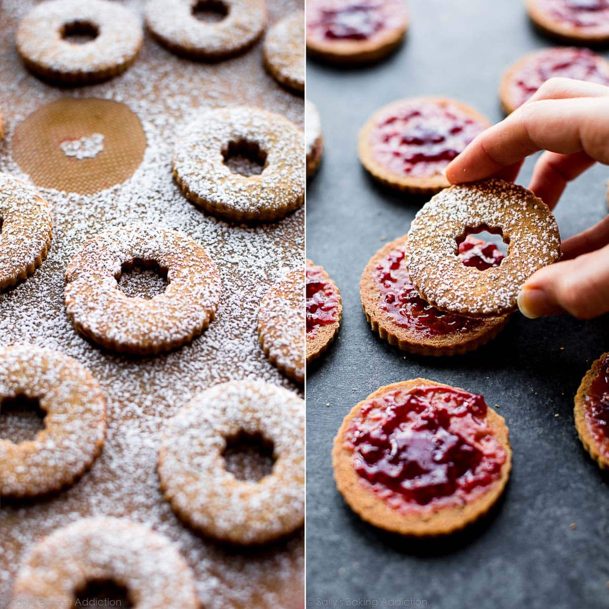 2 images of top donut shaped cookies for linzer cookie sandwiches including the cookies on a baking sheet and hands placing a cookie on top of the bottom cookie to make a sandwich