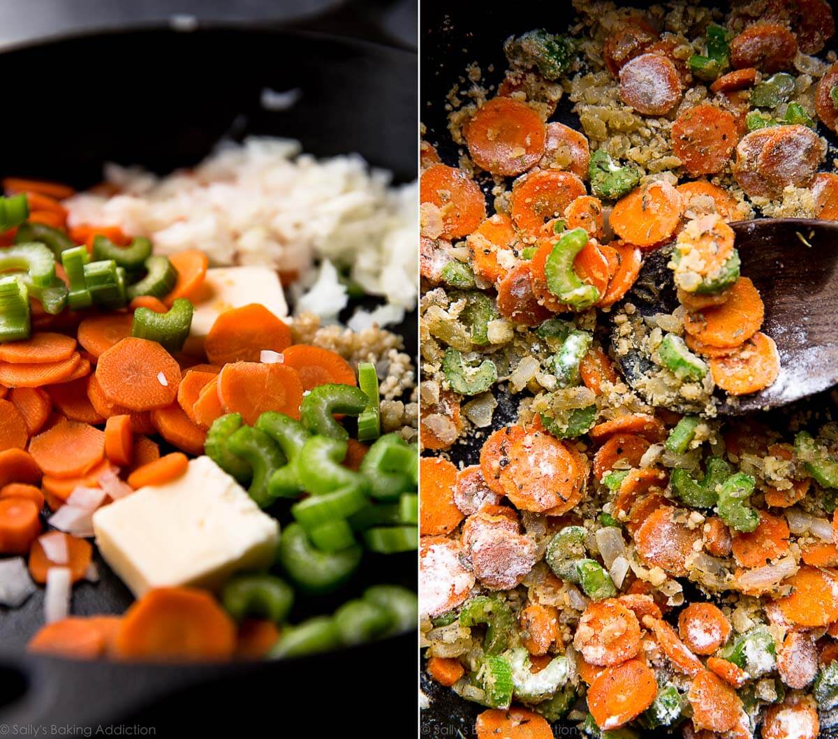 2 images of vegetables in skillet before and after cooking