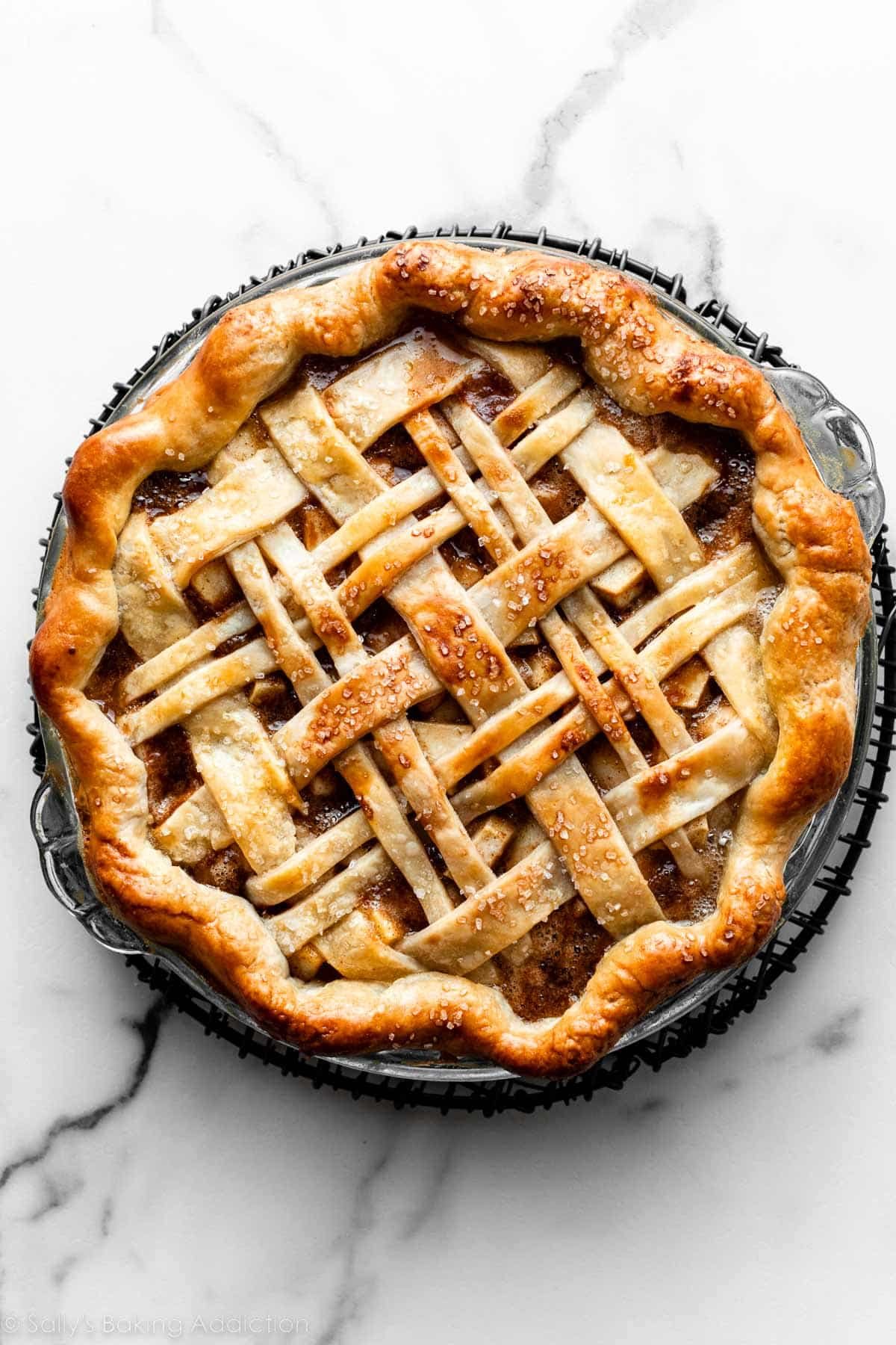 baked pie with thick and thin lattice pie crust topping.