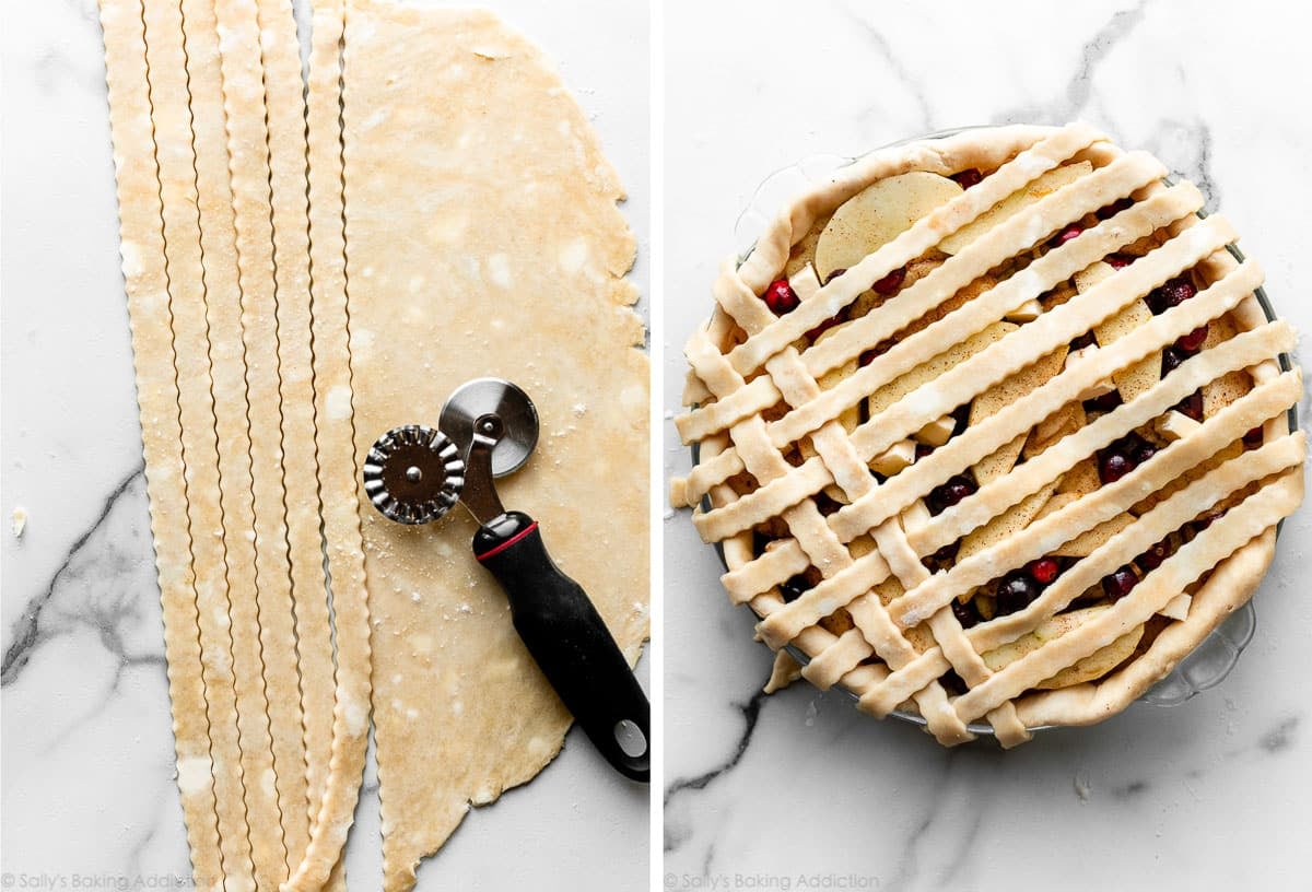 pastry wheel shown with rolled out pie dough strips and another photo showing a pie with some latticed pie dough strips on top.