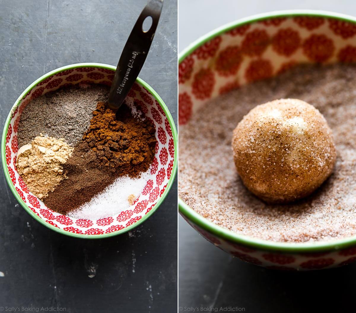 2 images of spices in a bowl and rolling cookie dough ball in spice mixture