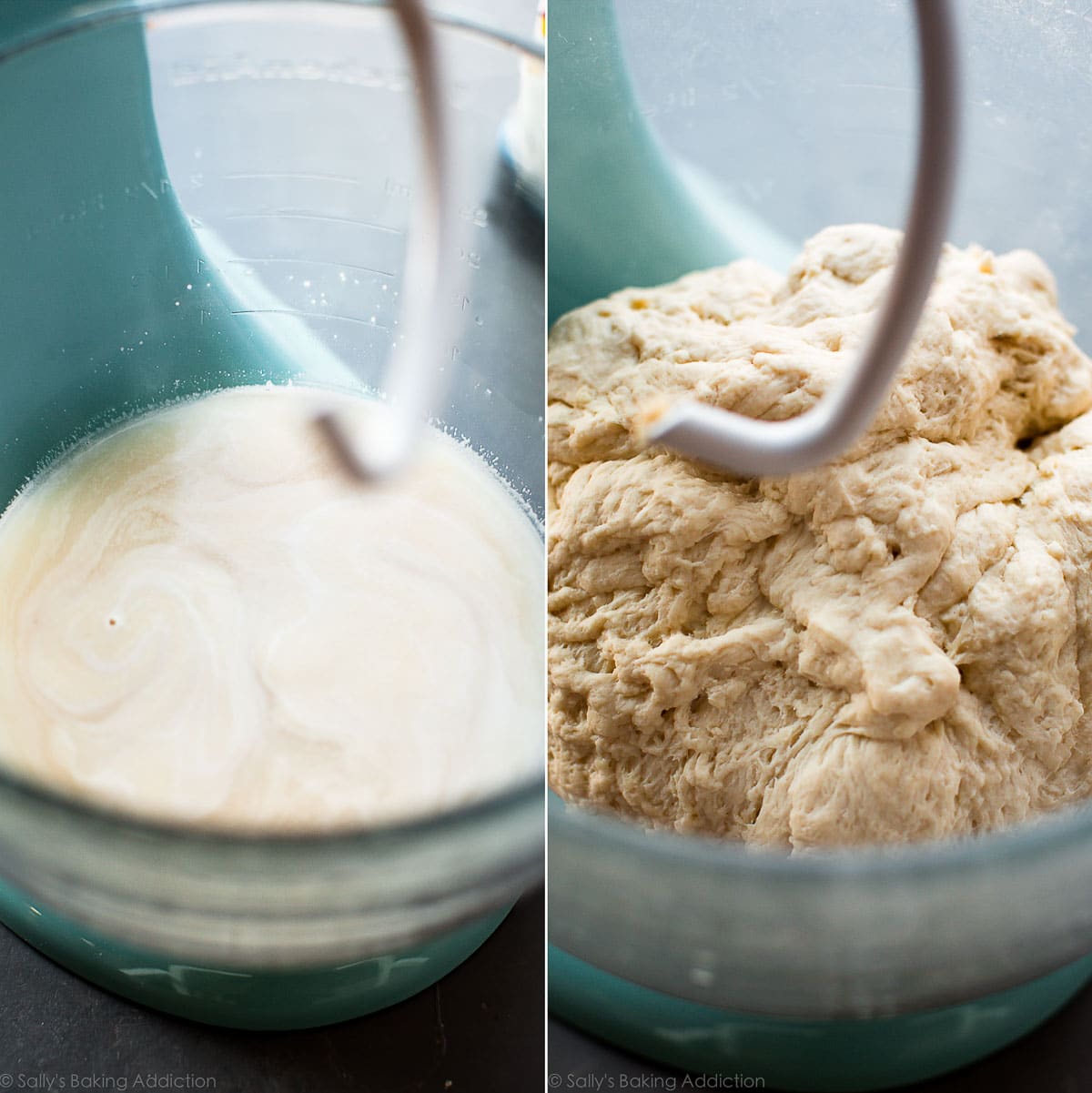2 images of yeast mixture in glass bowl and bread bowls dough in glass bowl