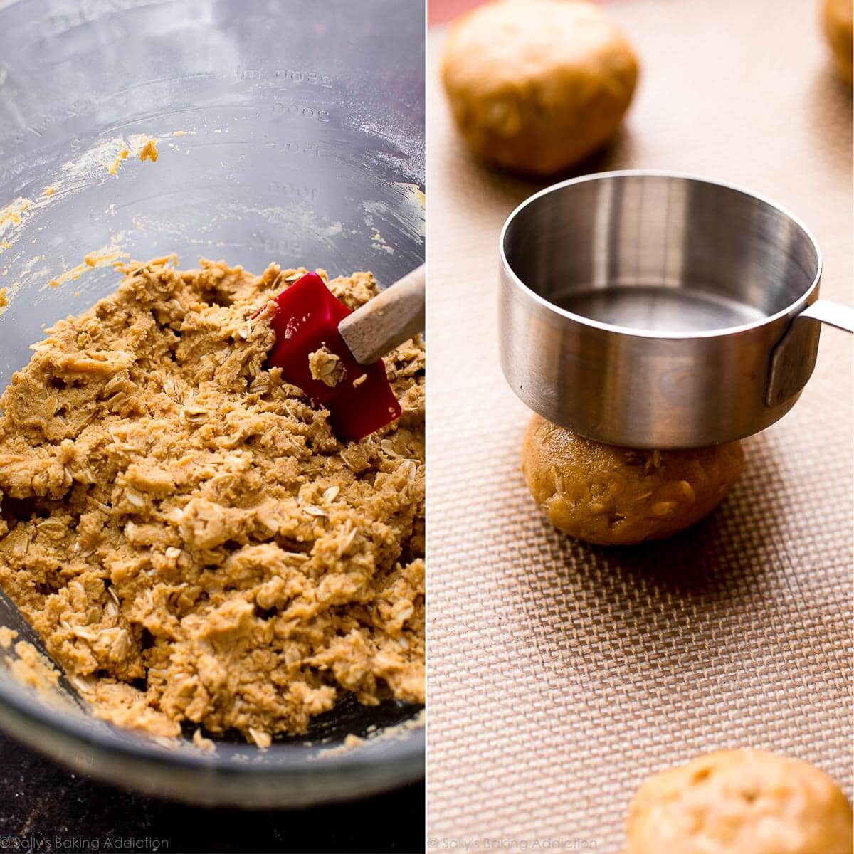 2 images of peanut butter cookie dough in a glass bowl and pressing down a peanut butter cookie dough ball with a measuring cup