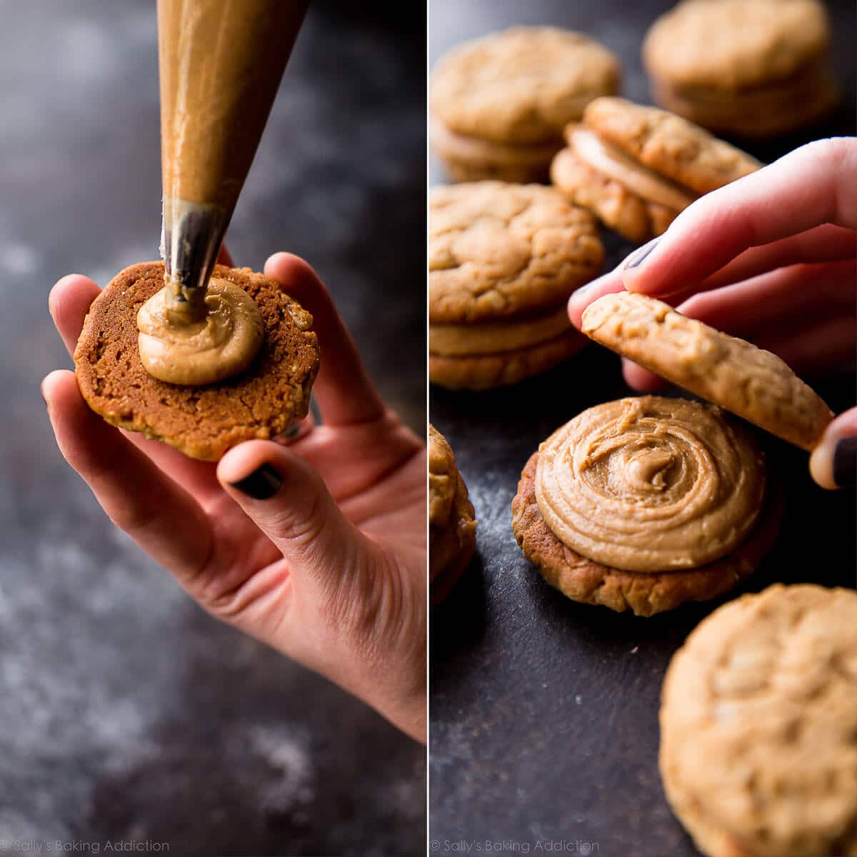 2 images of piping peanut butter frosting onto a peanut butter cookie and adding the top cookie to a cookie sandwich