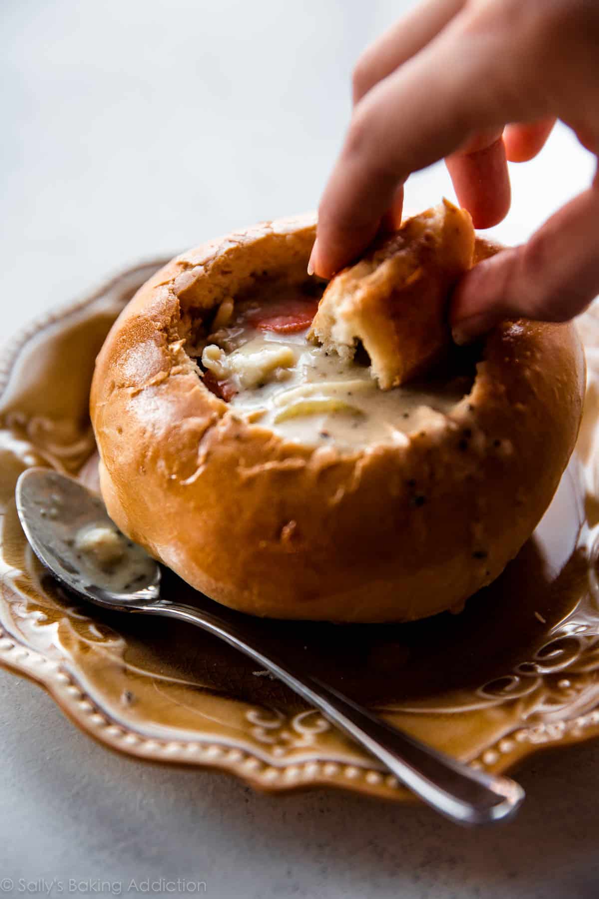 bread bowl with chicken noodle soup