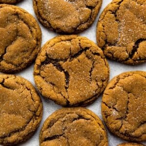 soft-baked molasses crinkle cookies overhead photo.