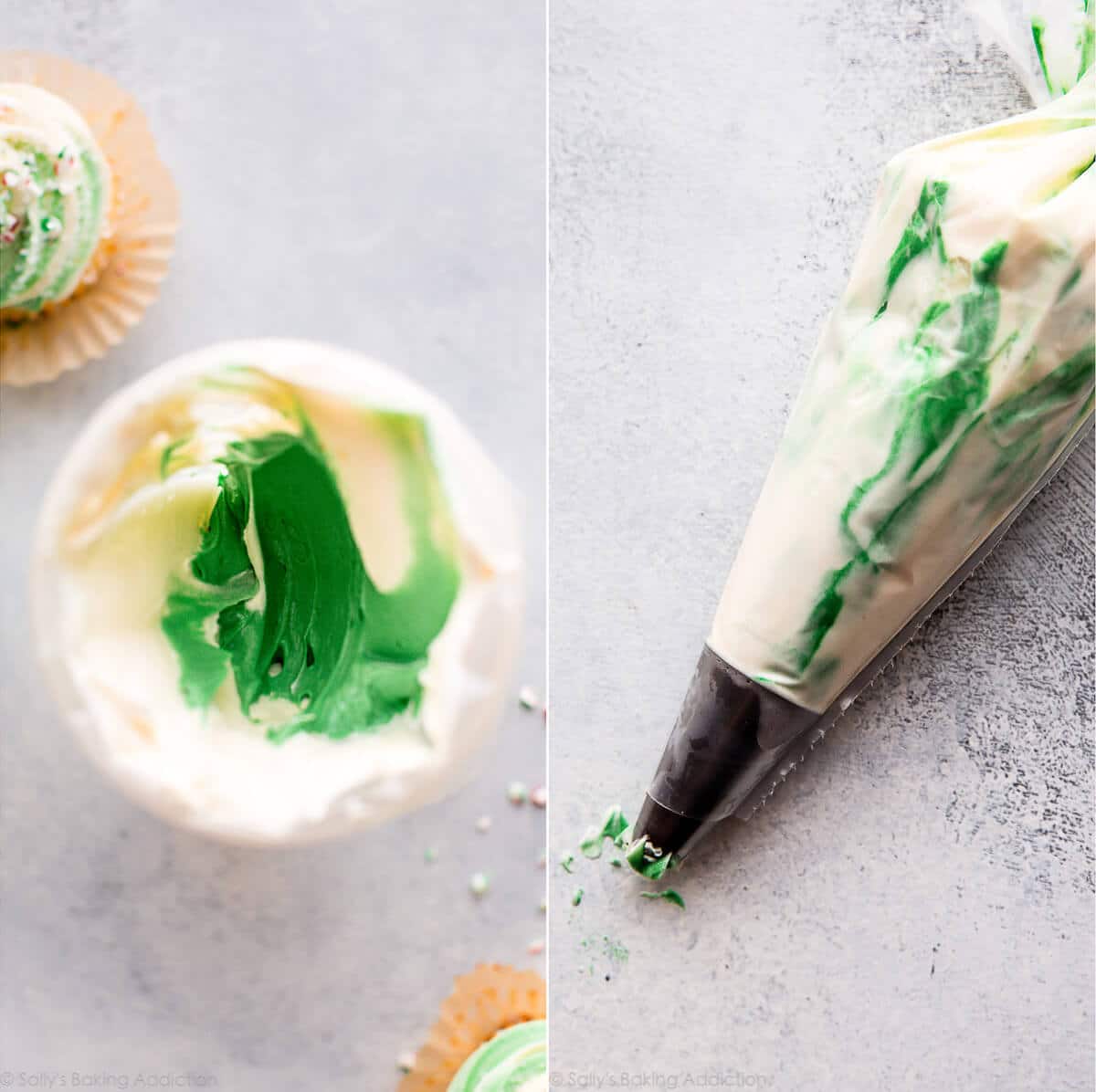 2 images of white and green swirled frosting in piping bags