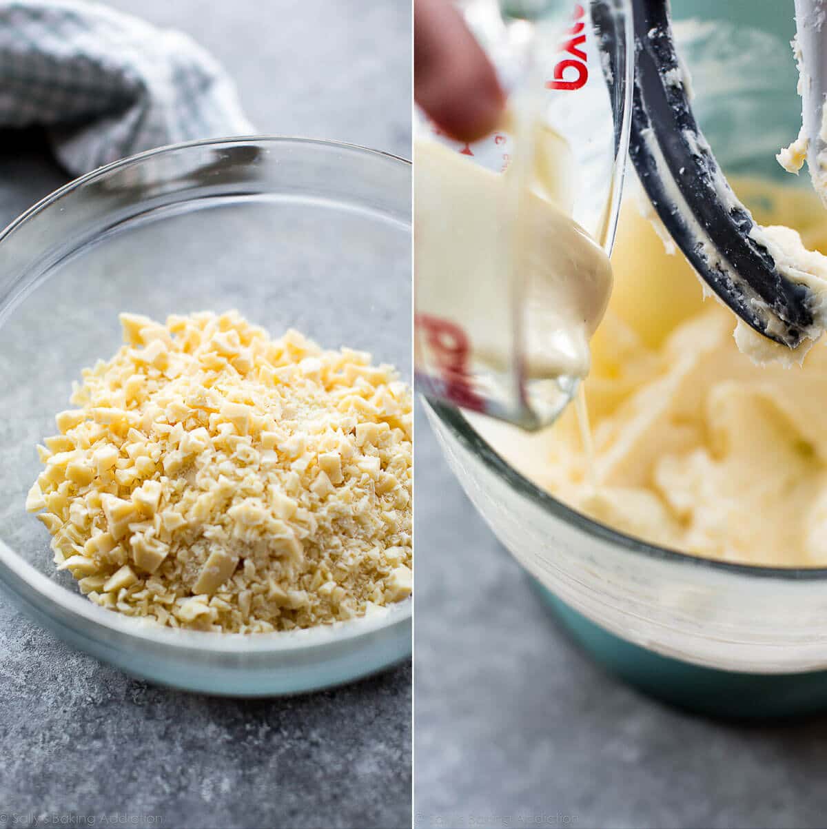 2 images of chopped white chocolate in a glass bowl and pouring melted white chocolate into vanilla buttercream in a glass bowl