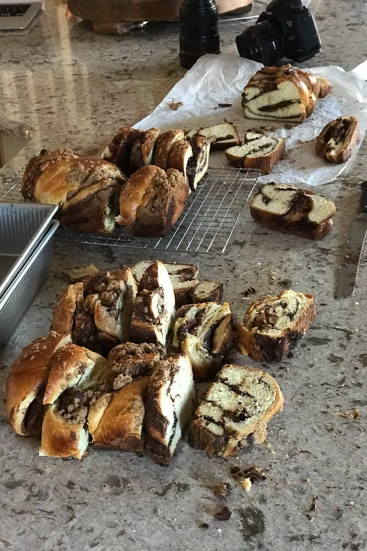 babka loaves cut into slices on the kitchen counter