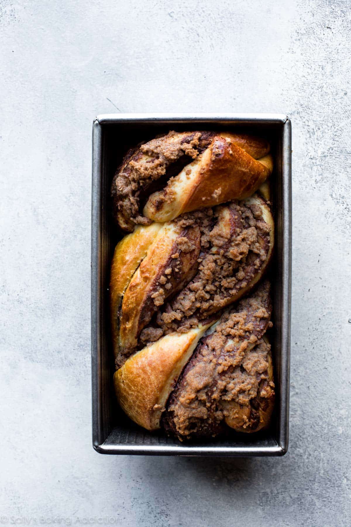 Nutella babka in a loaf pan after baking