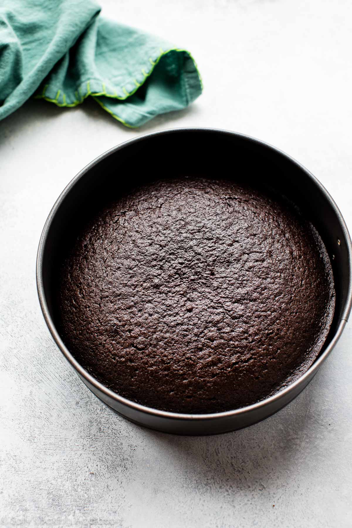 chocolate cake in a baking pan after baking