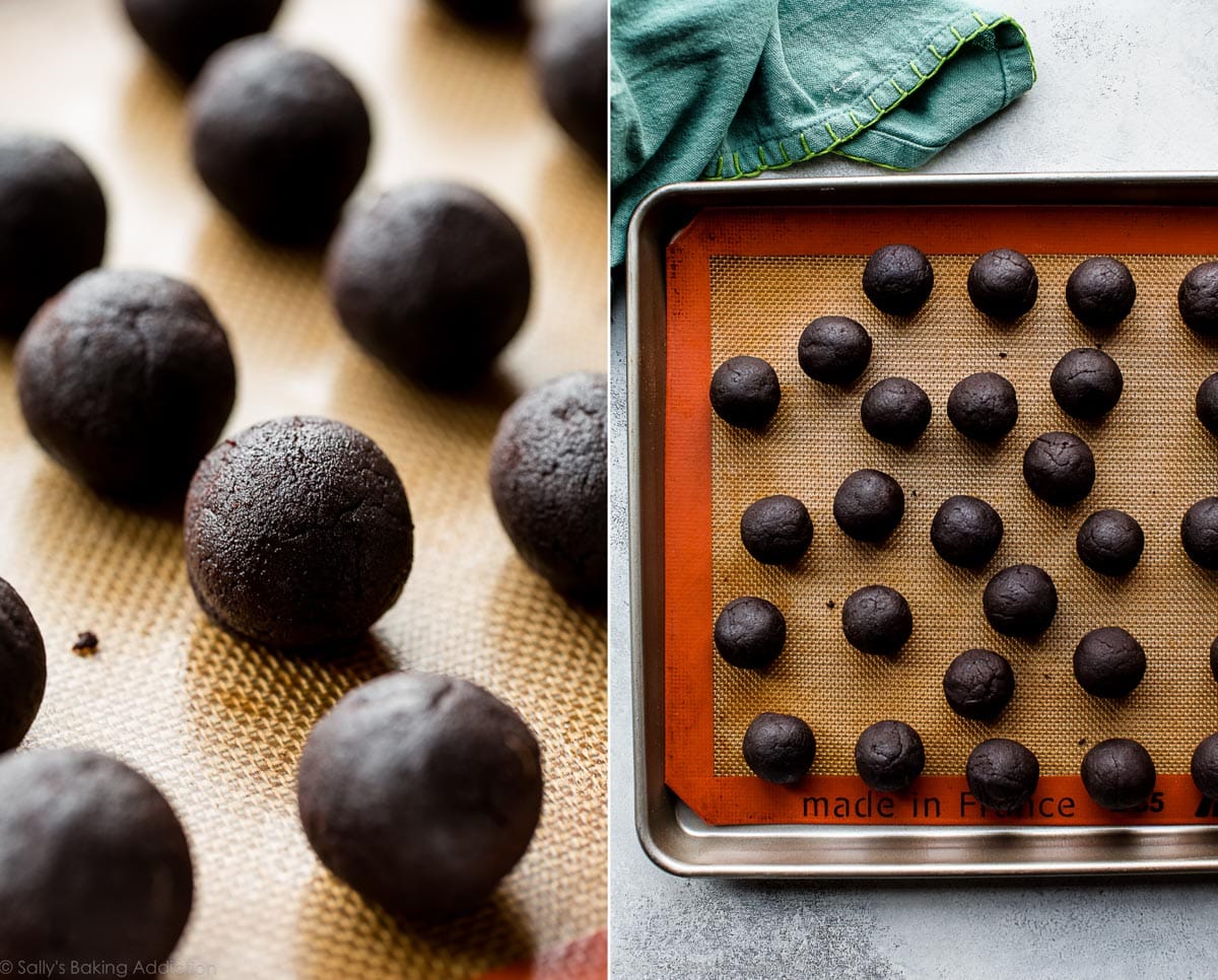 2 images of chocolate cake pops rolled into balls before dipping on baking sheets