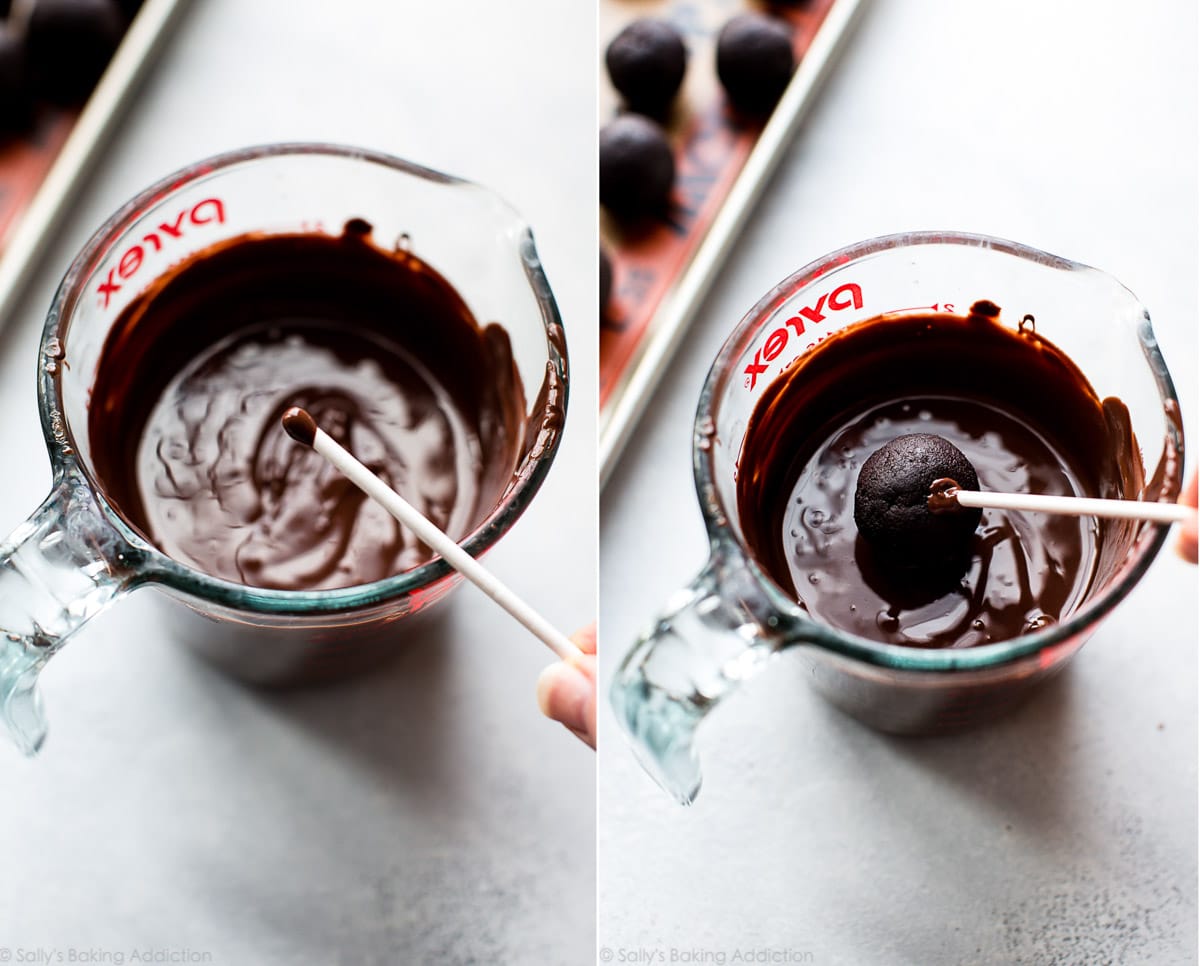 2 images of dipping cake pop stick into chocolate coating and dipping cake pop into chocolate coating