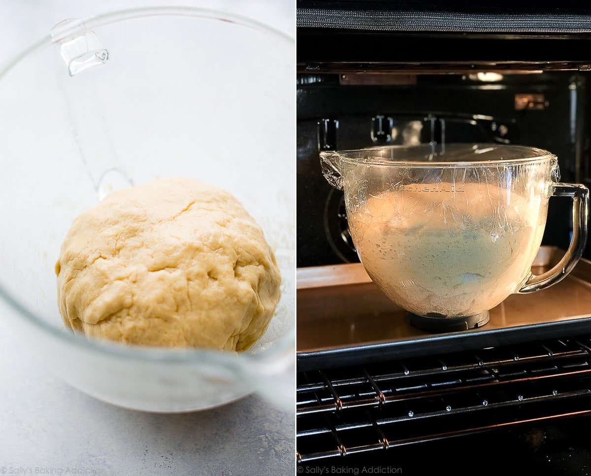 2 images of babka dough in a glass bowl and rising in the oven