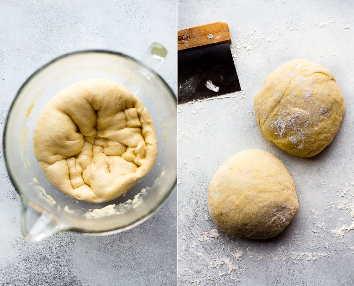 2 images of babka dough punched down and 2 balls of dough on the counter