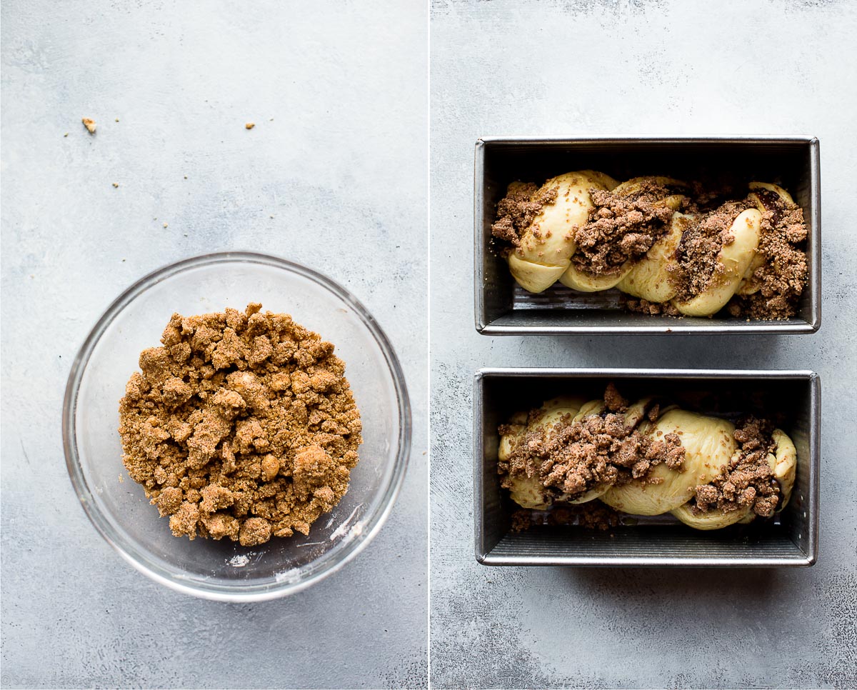 2 images of cinnamon crumble topping in a glass bowl and topping on 2 babka loaves before baking
