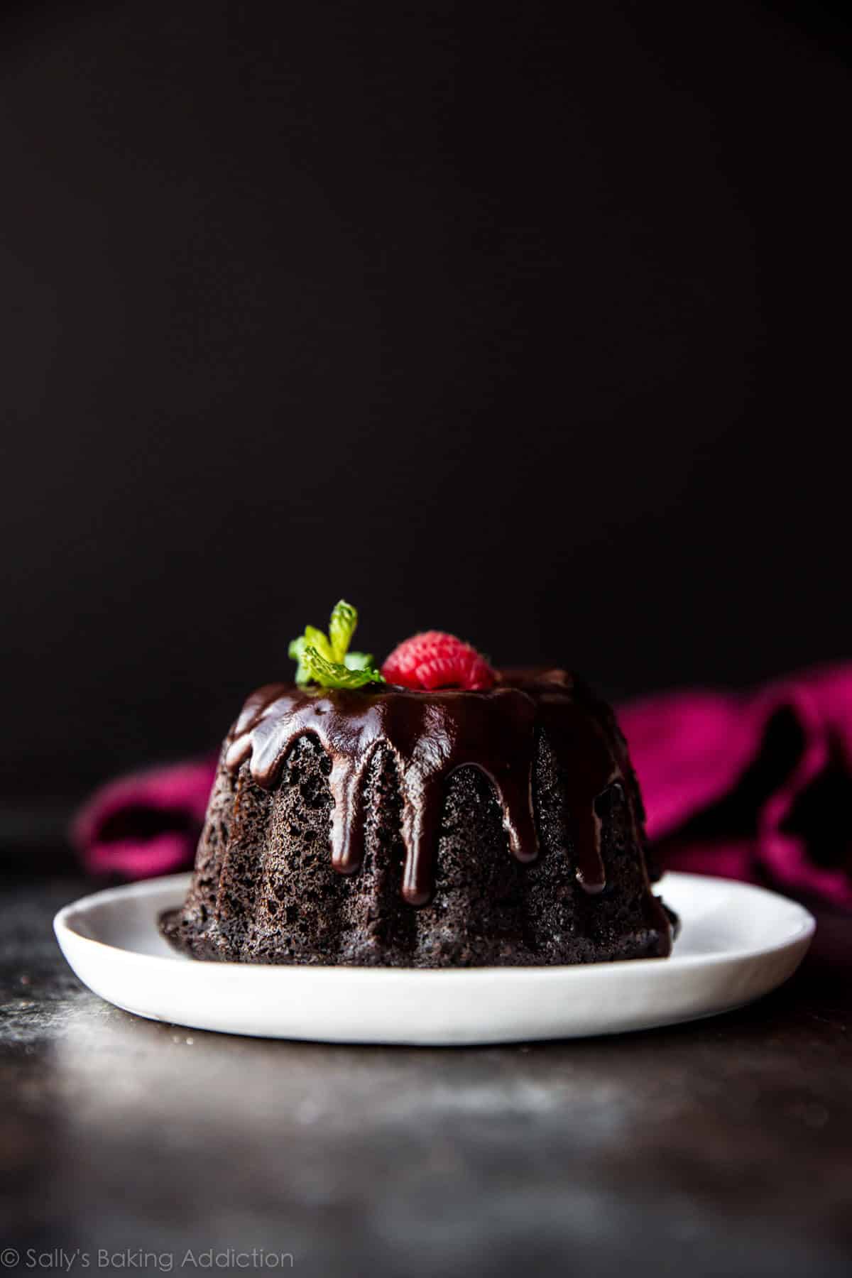 mini chocolate bundt cake topped with red wine chocolate ganache on a white plate