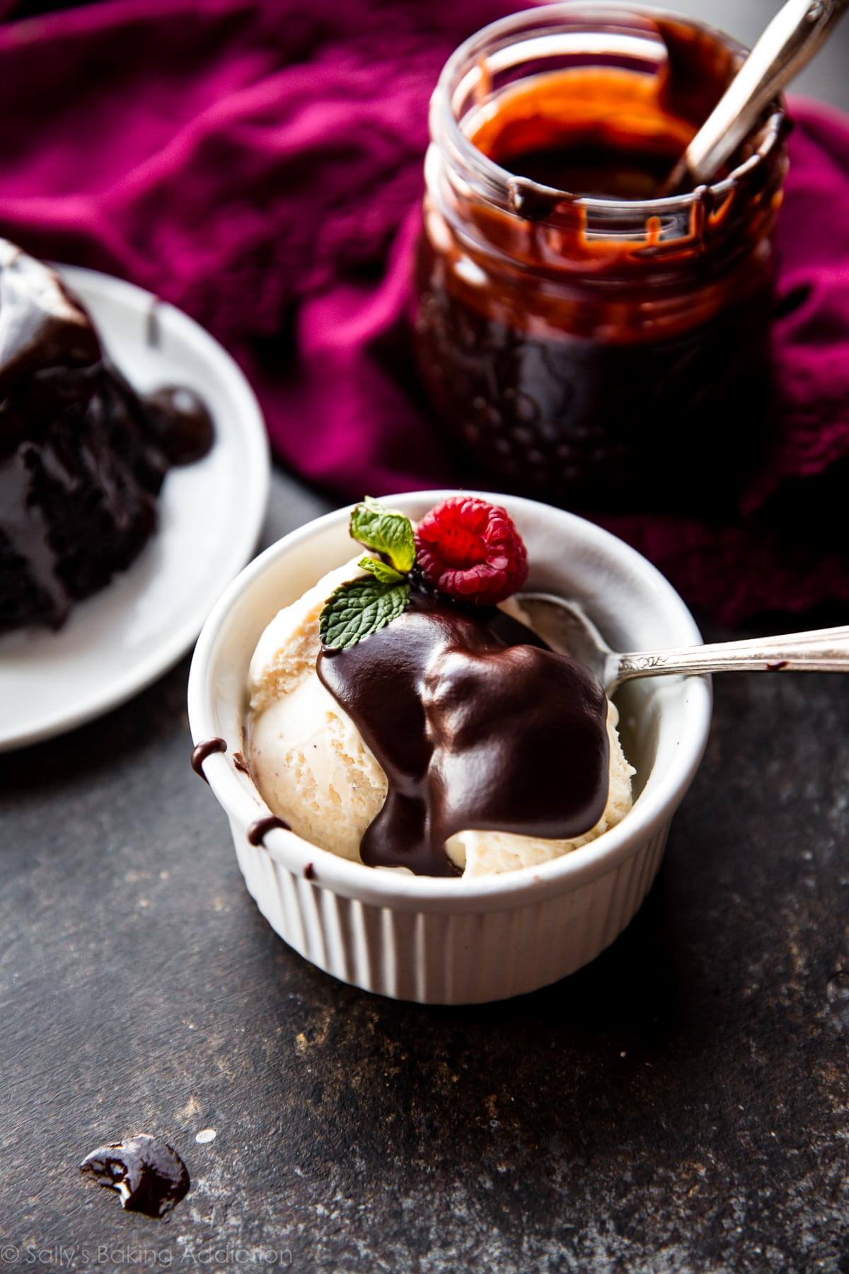 bowl of vanilla ice cream with red wine chocolate ganache