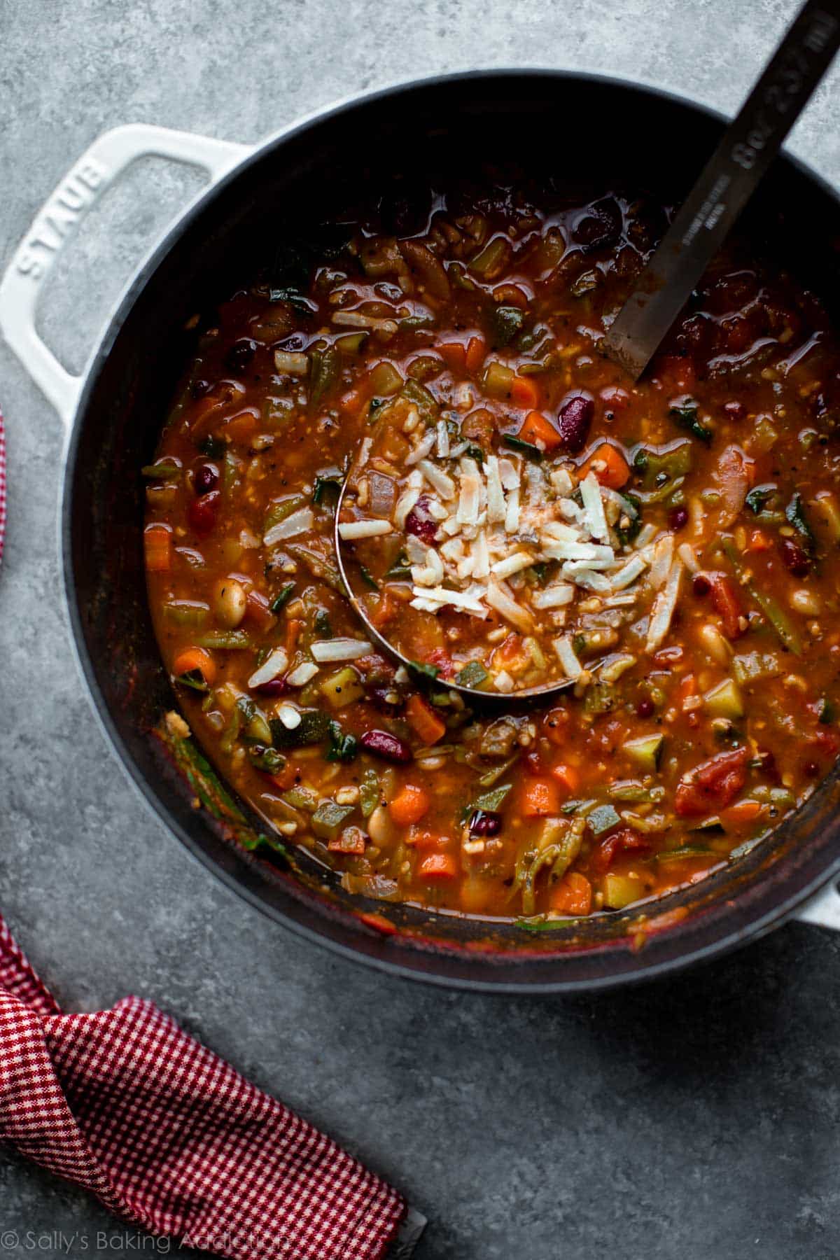 overhead image of a pot of minestrone soup