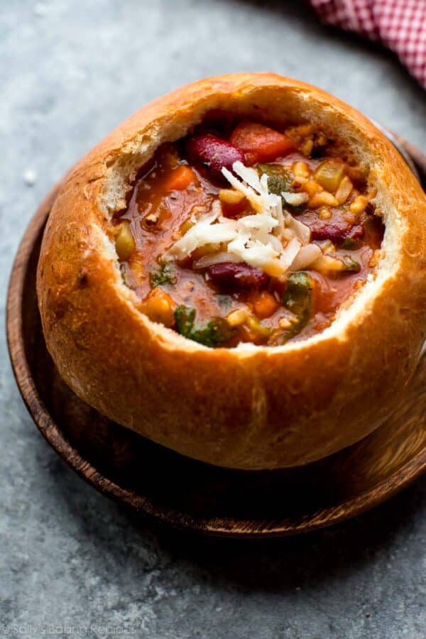 vegetarian minestrone soup in bread bowl.