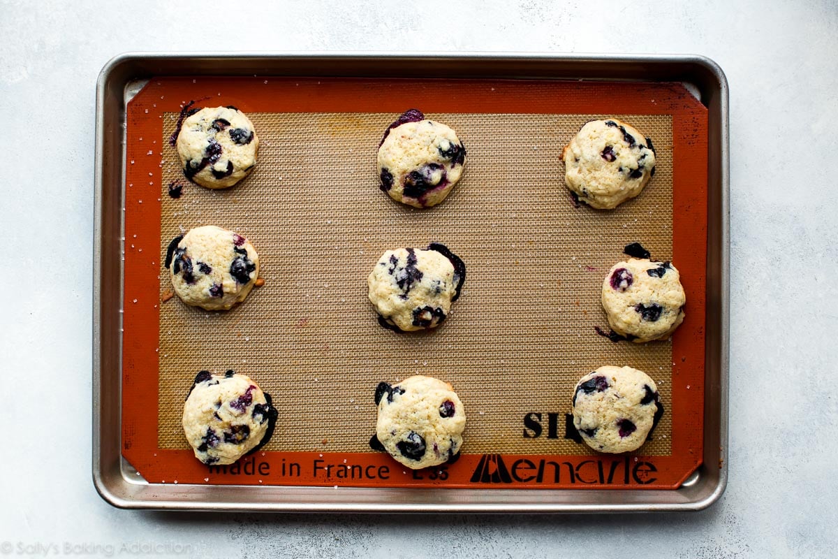Blueberry muffin cookies on baking sheet after baking