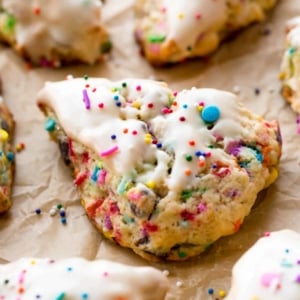sprinkle scones with vanilla icing and sprinkles