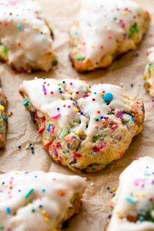 sprinkle scones with vanilla icing and sprinkles