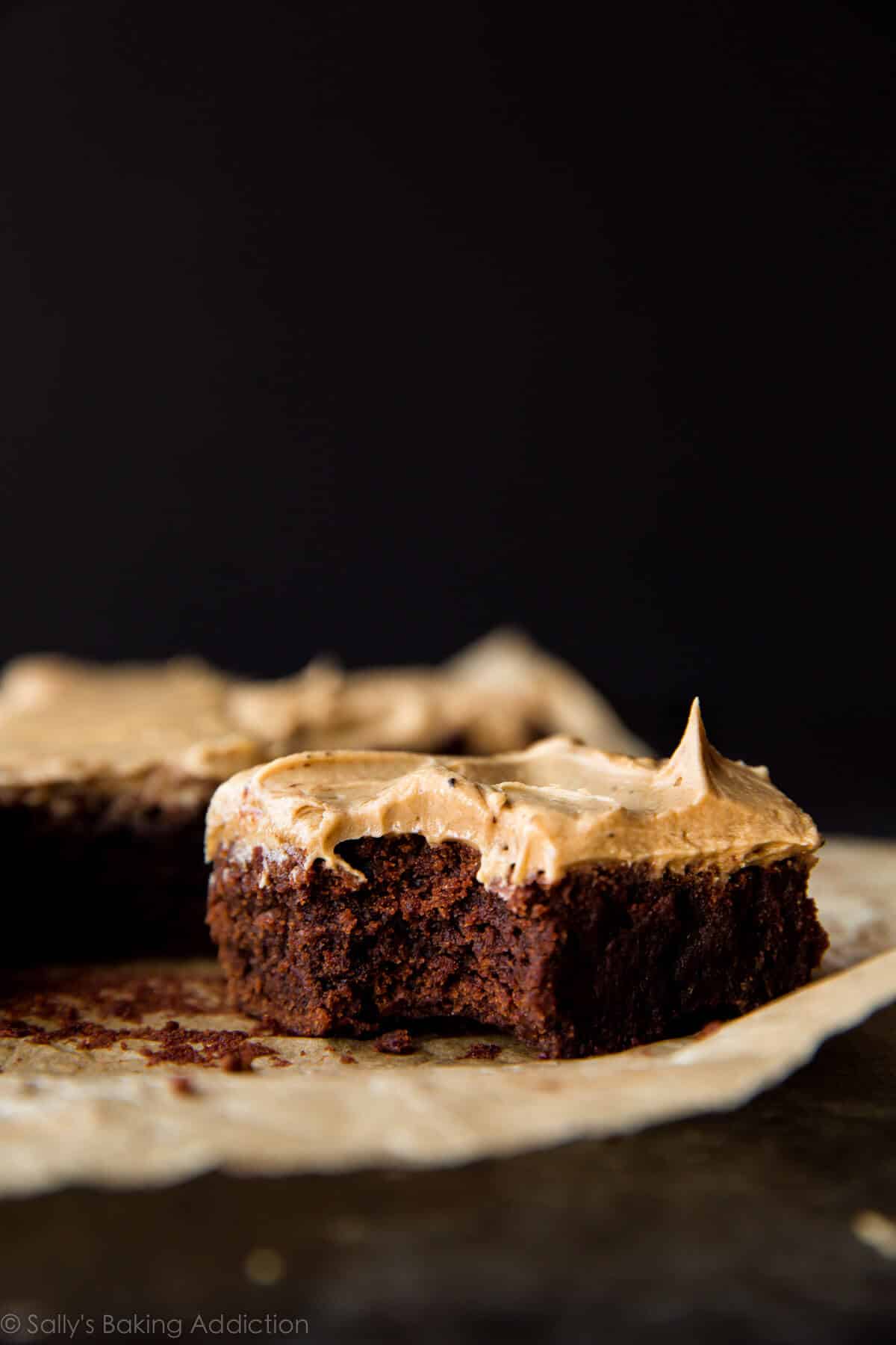 Guinness brownies cut into squares with Guinness frosting
